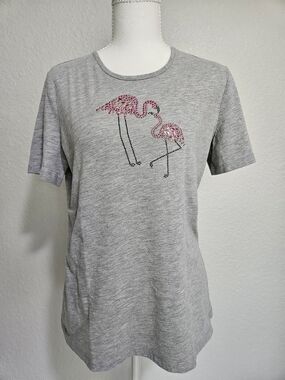 Coral Bay Grey Tee with Pink Sequin Flamingos
